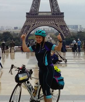 Kelly, after cycling 200 miles to the Eiffel Tower